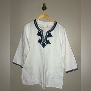 Symple NYC White Linen Tunic Top Navy Embroidered 3/4 Sleeve Boho L
